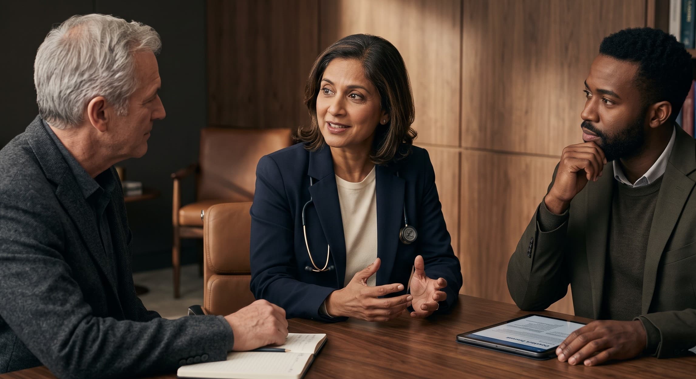 A doctor in conversation with two guests at a table